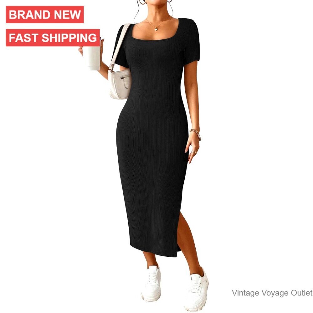 Ribbed Knit Maxi Dress Side Slit Square Neck Summer Casual Sundress